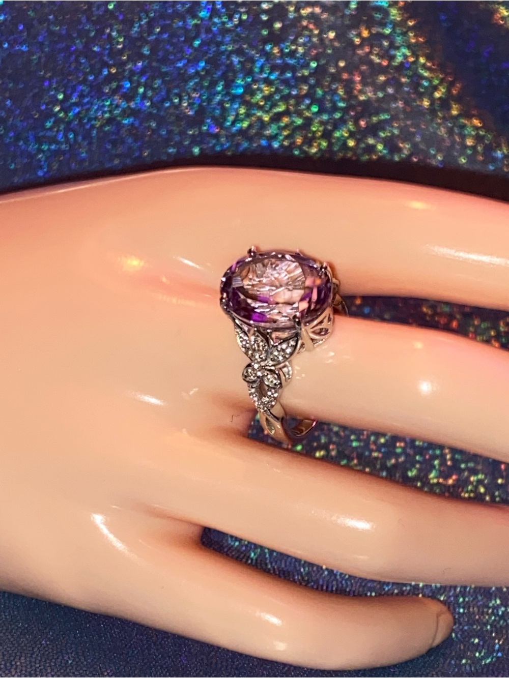 Karis Rose De France Amethyst White Zircon 9.70 ctw Floral Platinum Bond, sz 9